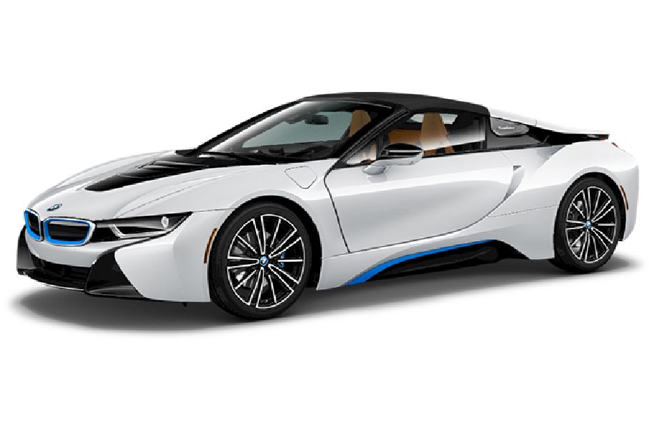 BMW i8 Roadster Crystal White Pearl Frozen Blue accent